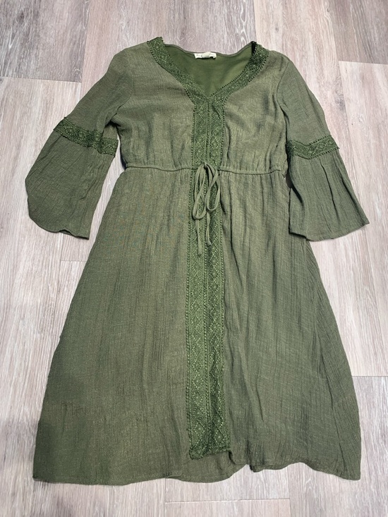indigo Rose Dresses & Skirts - Olive Green Boho Lace-Trim Dress with bell sleeves